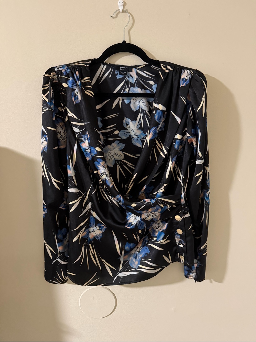 Marciano Black Floral Drape Wrap Blouse with Blue Accents